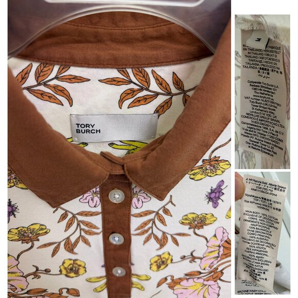 Tory Burch Ivory Rabbit Field Printed Mercerized Polo T Shirt Floral Bunny M - Picture 4 of 15